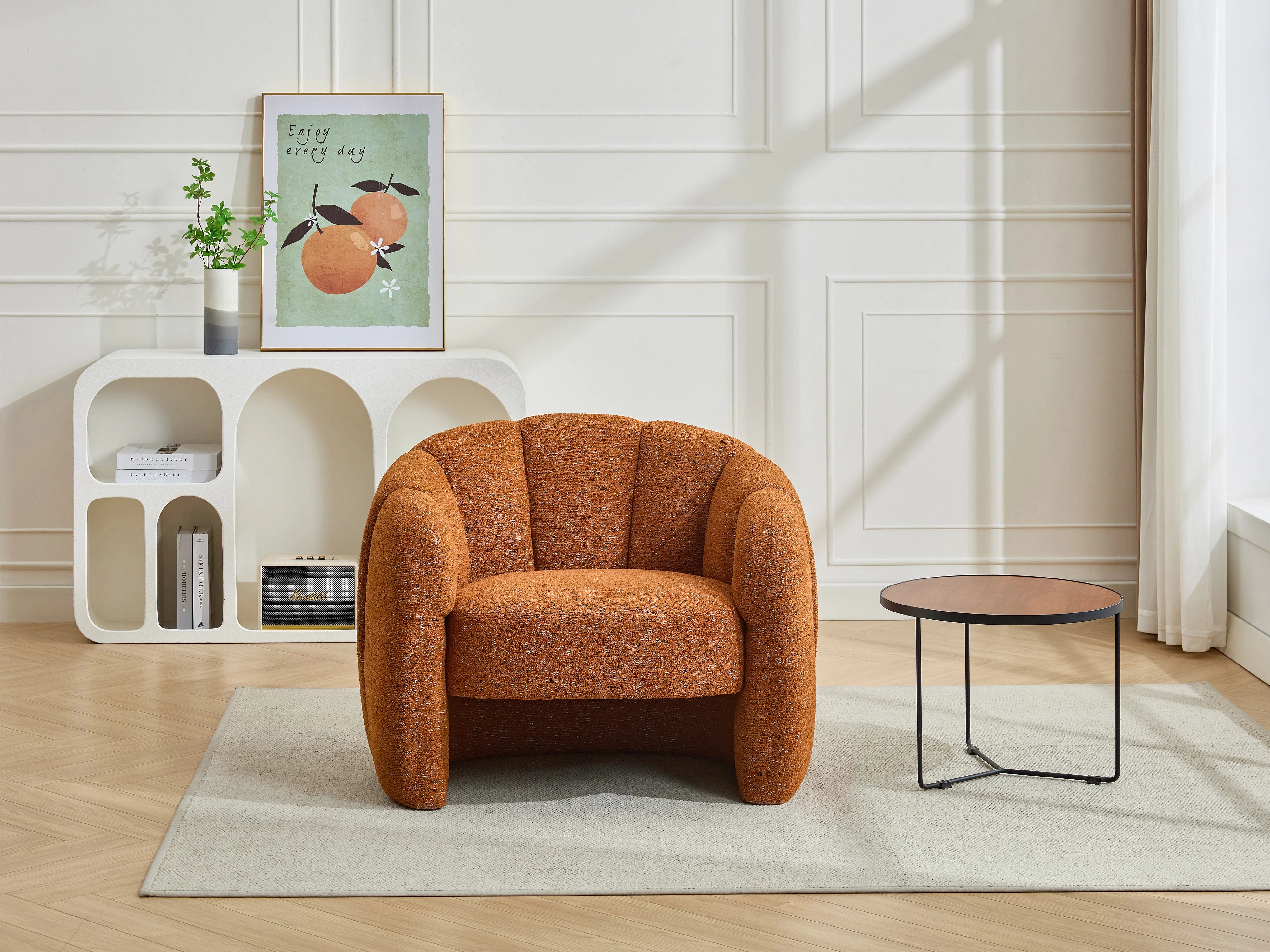 Fauteuil Arrondi Coquillage En Tissu Chenille Terracotta - DELIPO