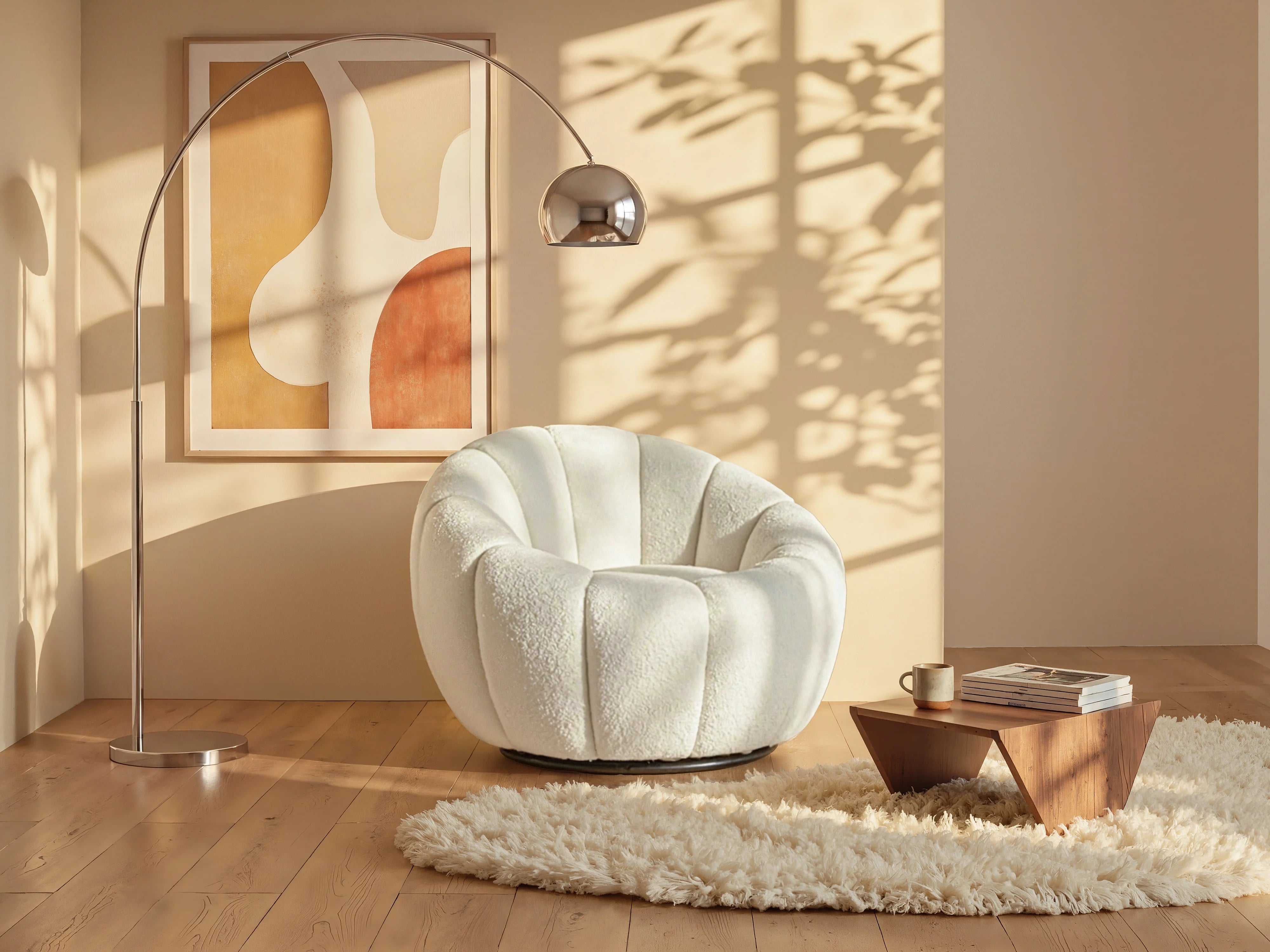 Fauteuil Arrondi Coquillage Pivotant En Bouclette Blanc - COSSATO