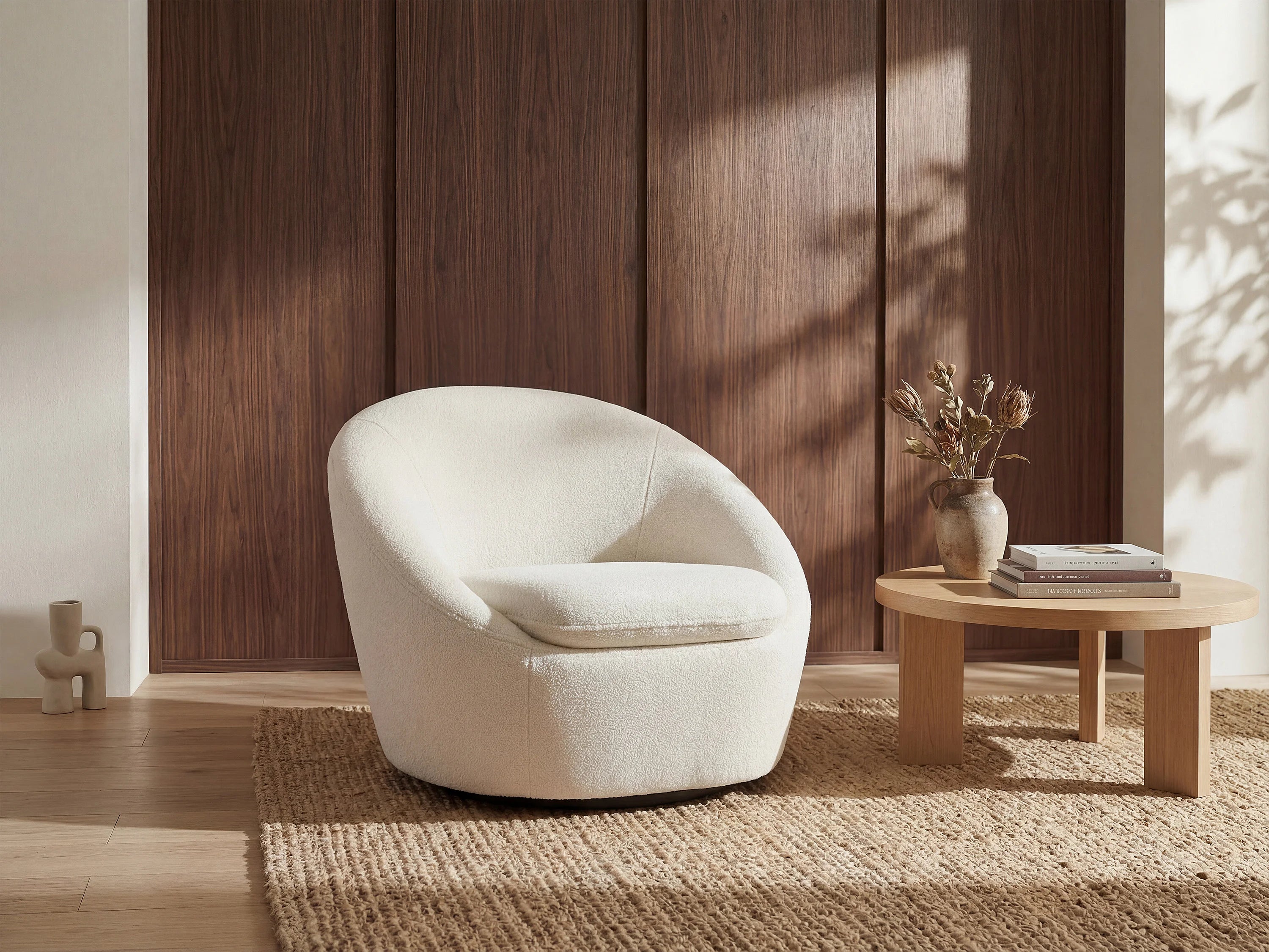 Fauteuil Arrondi Pivotant En Tissu Bouclette Blanc - LACARA
