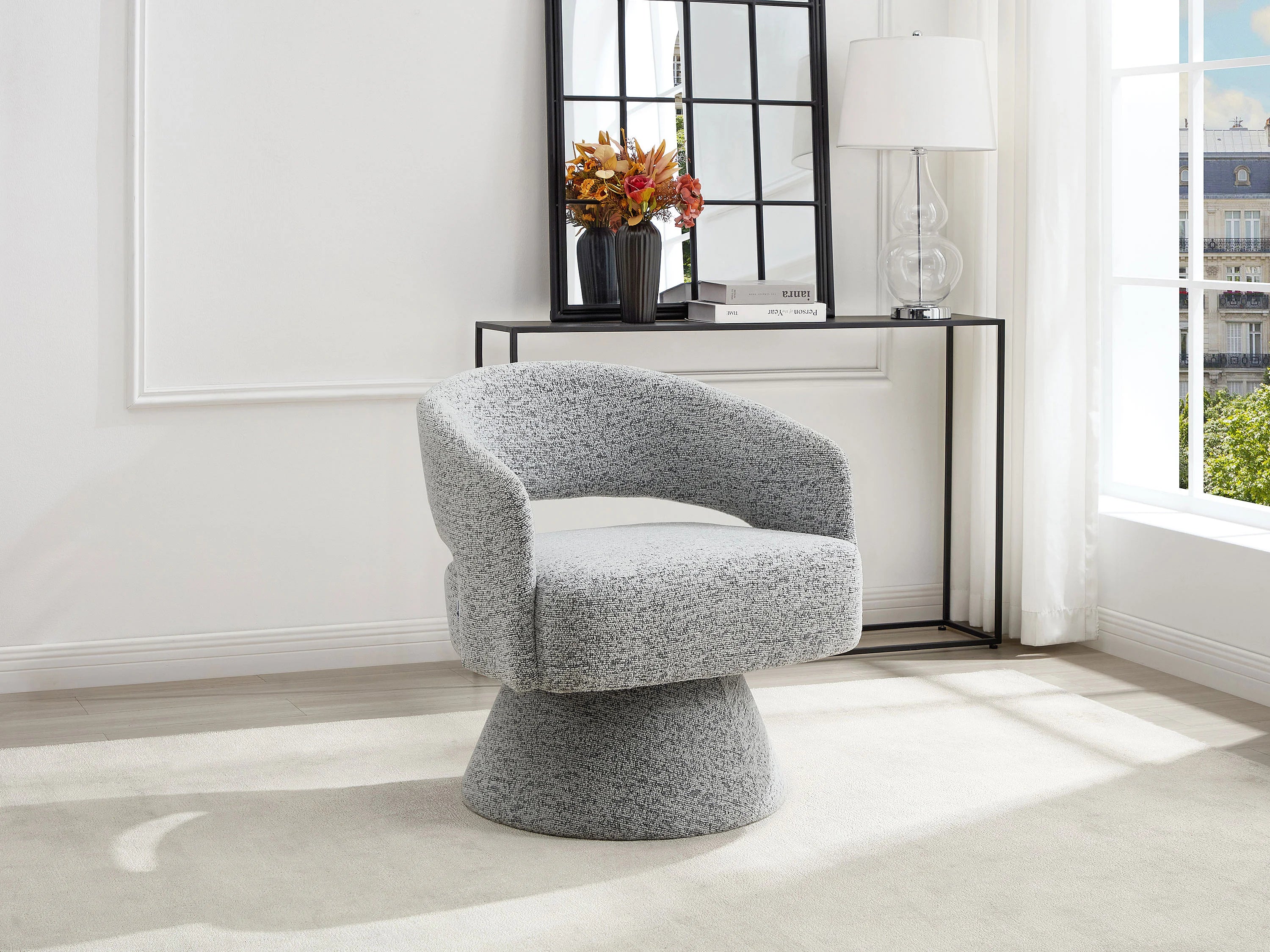 Fauteuil Arrondi Pivotant En Tissu Chenille Gris - FEDOTE