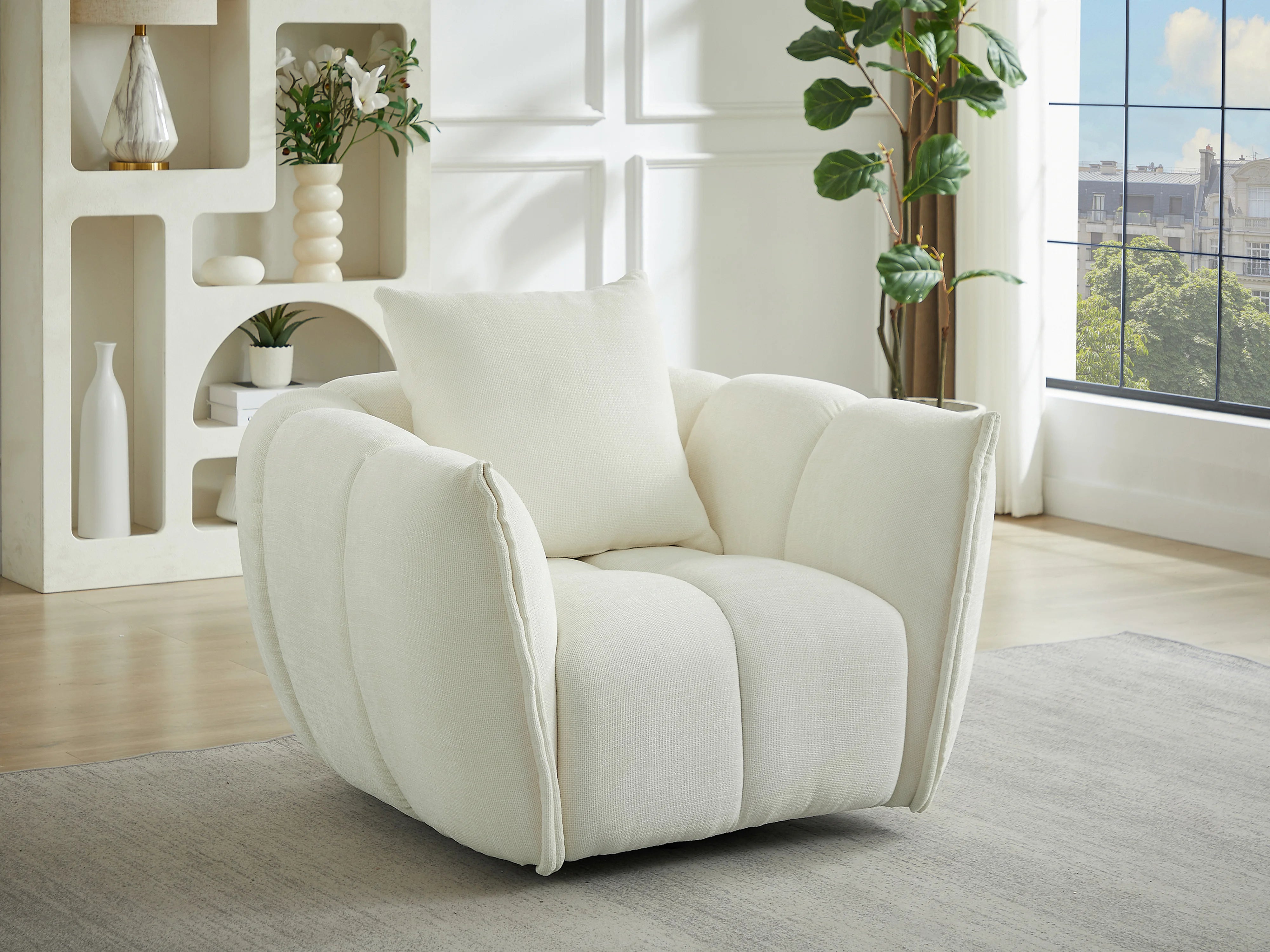 Fauteuil Arrondi Pivotant En Tissu Texturé Beige - GONOLON