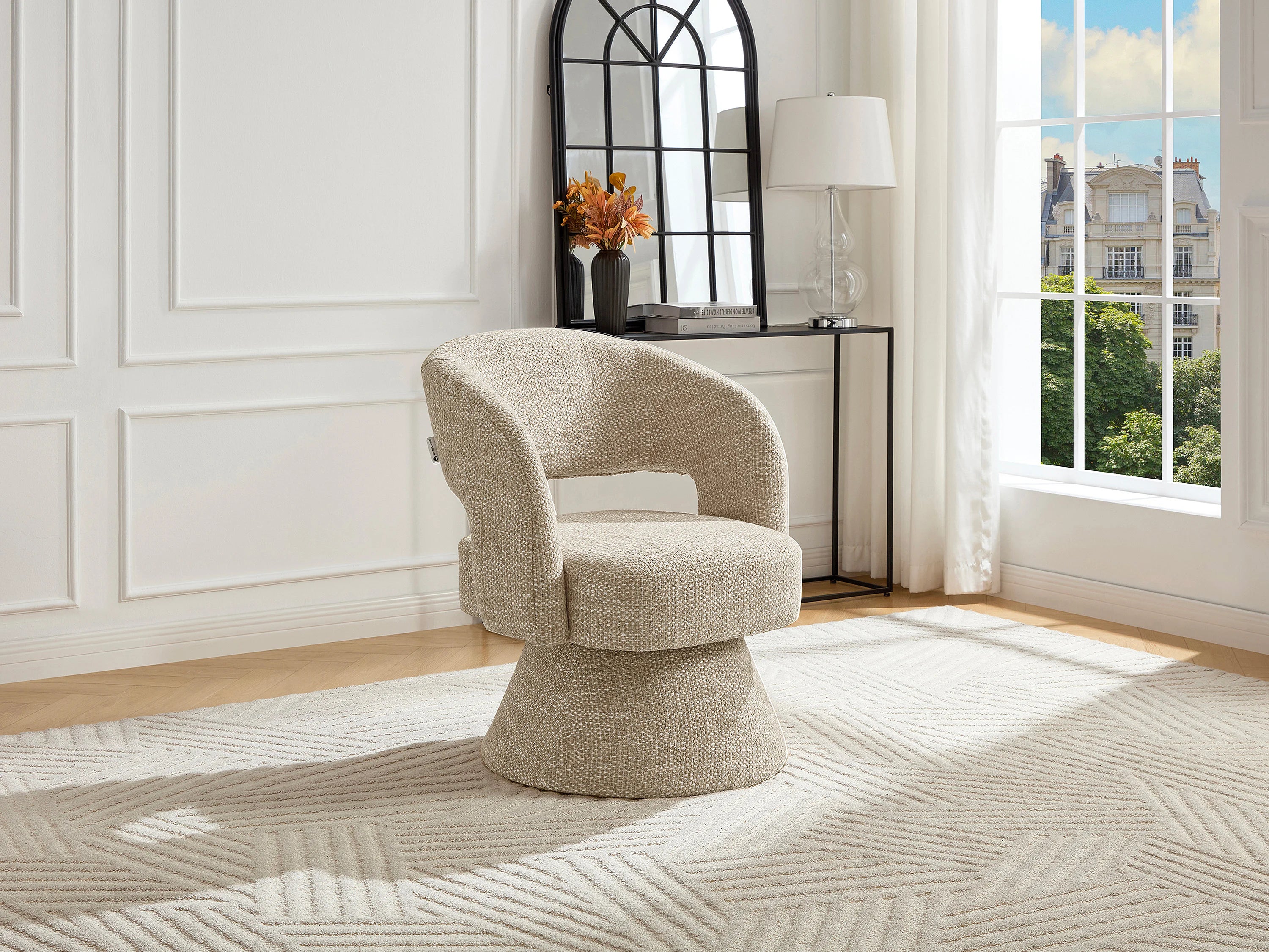 Fauteuil Arrondi Pivotant En Tissu Texturé Beige - NAROLIA