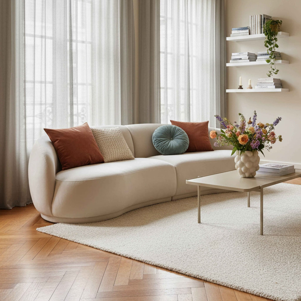 Canapé Arrondi Tissu 3 Places Beige - Harper