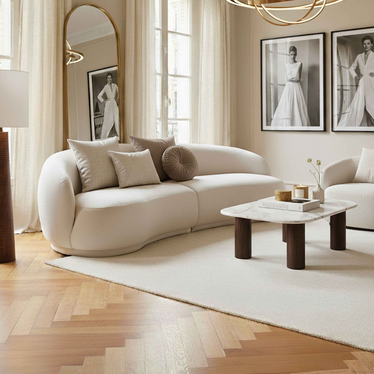 Canapé Arrondi Tissu 3 Places Beige - Harper