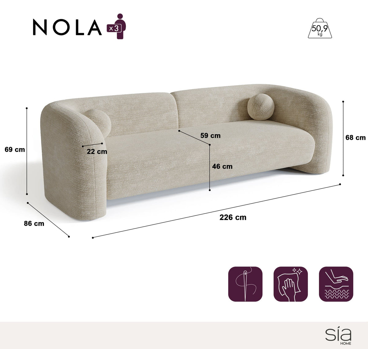 Canapé Arrondi Velours à Motifs 3 Places Crème - Nola
