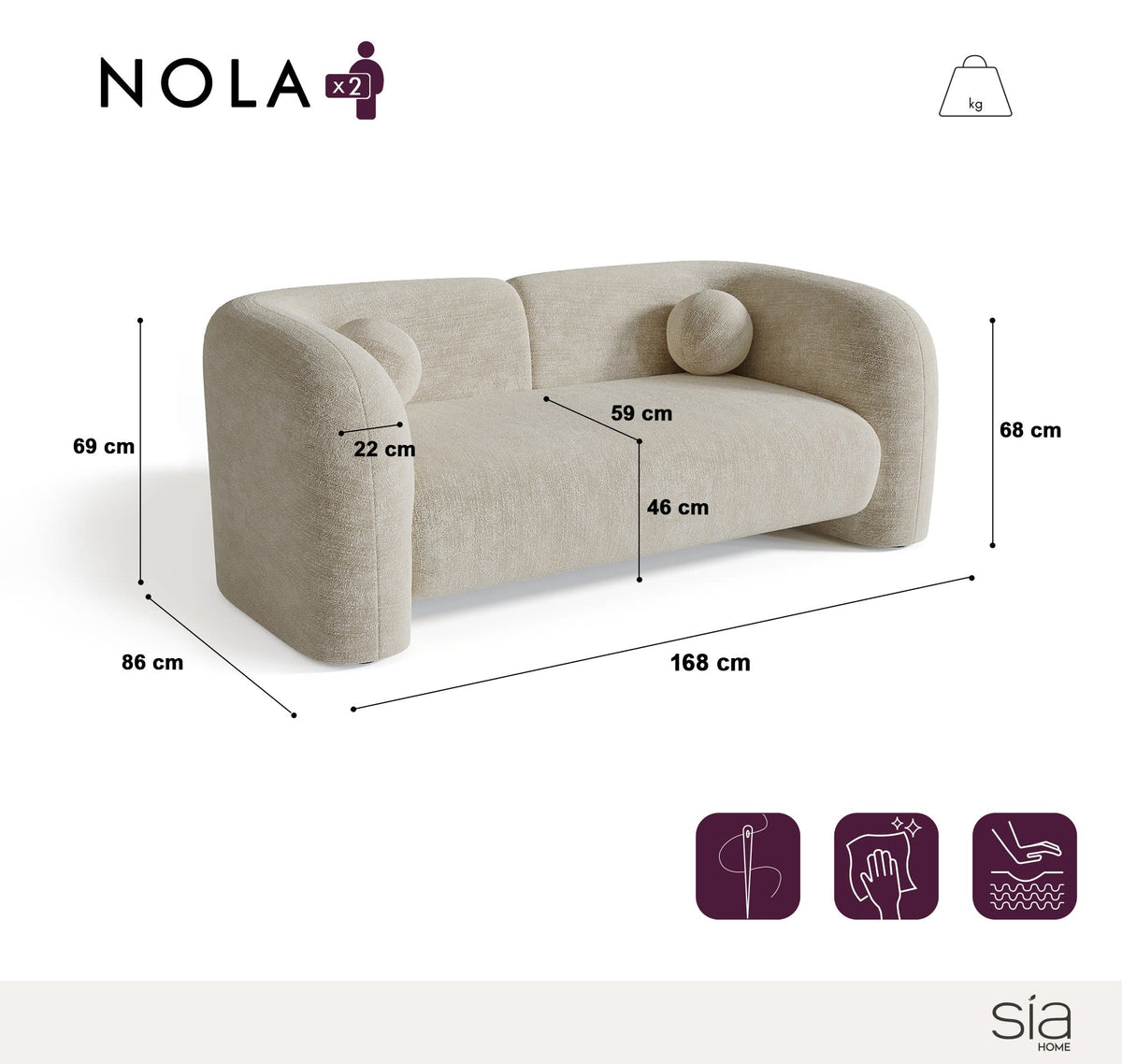 Canapé Arrondi Velours à Motifs 2 Places Crème - Nola