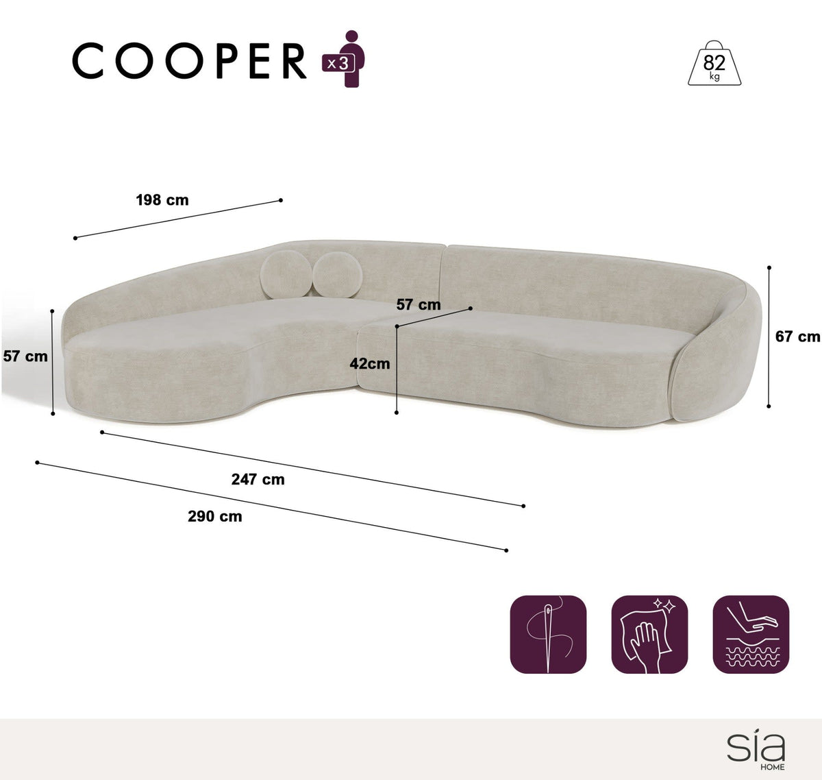Canapé d'Angle Arrondi Tissu Tramé 4 Places Crème Angle Gauche - Cooper
