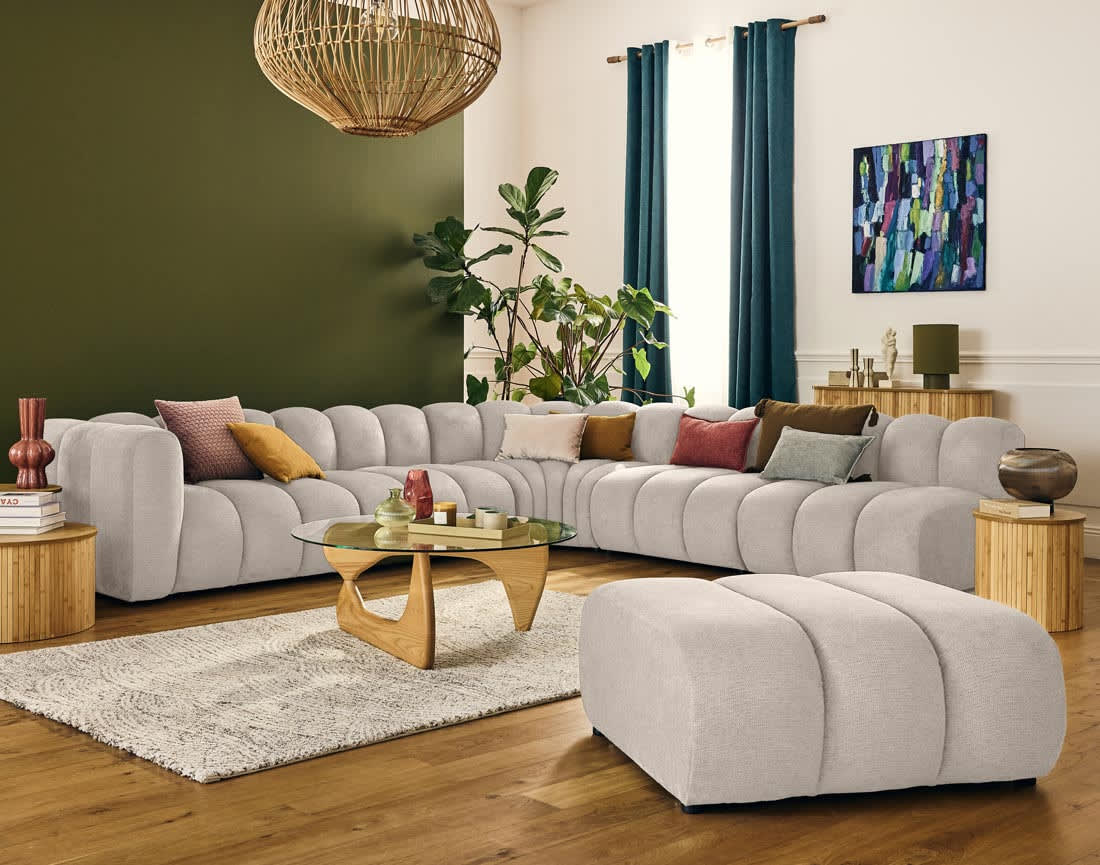 Canapé Modulable Arrondi Tissu Texturé 5 Places Beige - Debbie