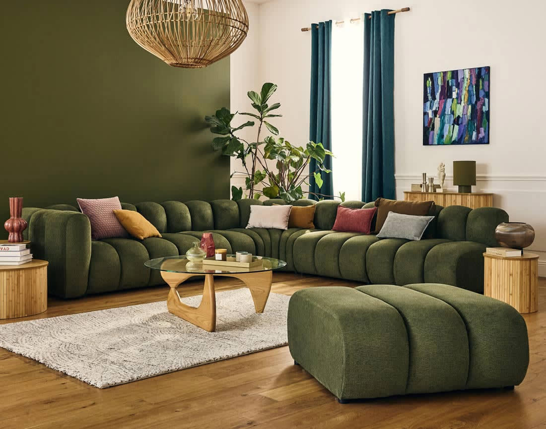 Canapé Modulable Arrondi Tissu Texturé 5 Places Vert Angle Droit - Debbie
