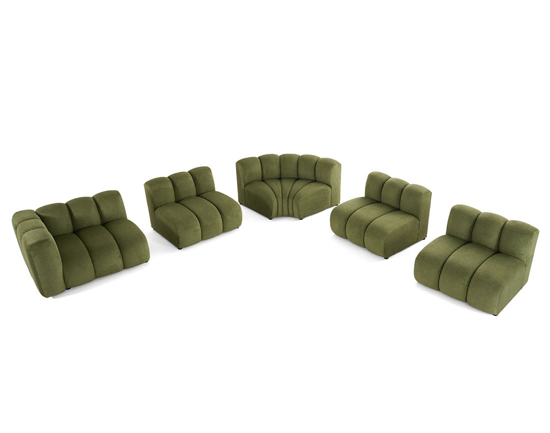Canapé Modulable Arrondi Tissu Texturé 5 Places Vert Angle Droit - Debbie