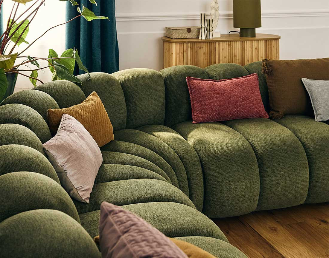 Canapé Modulable Arrondi Tissu Texturé 5 Places Vert Angle Droit - Debbie