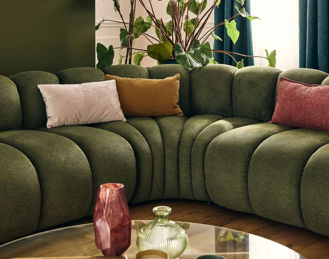 Canapé Modulable Arrondi Tissu Texturé 5 Places Vert Angle Droit - Debbie
