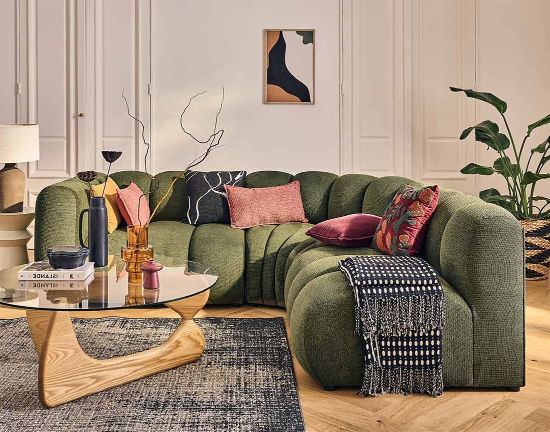 Canapé Modulable Arrondi Tissu Texturé 4 Places Vert Angle Droit - Debbie