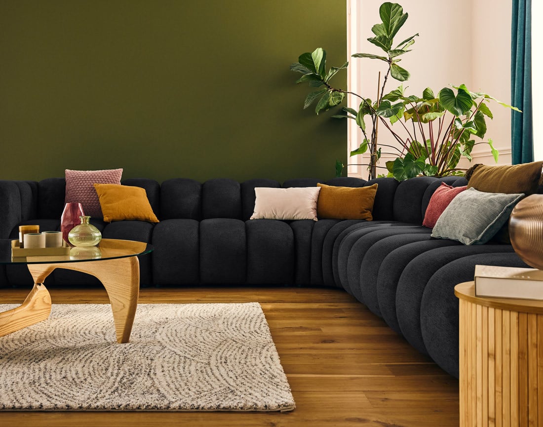 Canapé Modulable Arrondi Tissu Texturé 5 Places Noir Angle Droit - Debbie