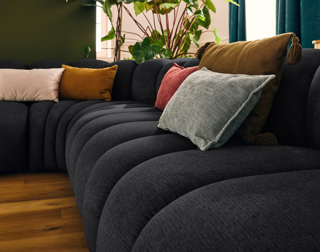 Canapé Modulable Arrondi Tissu Texturé 5 Places Noir Angle Droit - Debbie