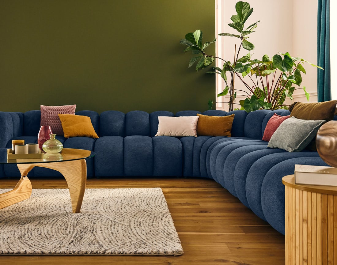 Canapé Modulable Arrondi Tissu Texturé 5 Places Bleu Angle Droit - Debbie