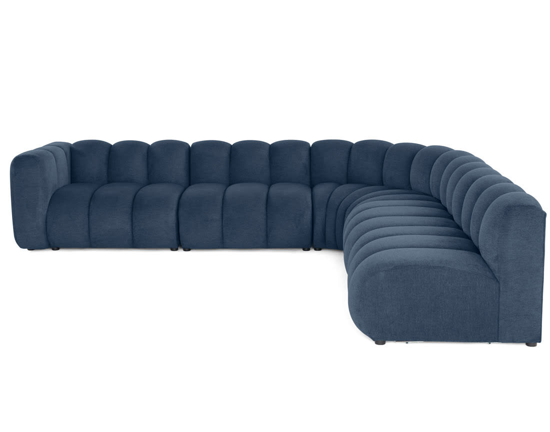 Canapé Modulable Arrondi Tissu Texturé 5 Places Bleu Angle Droit - Debbie