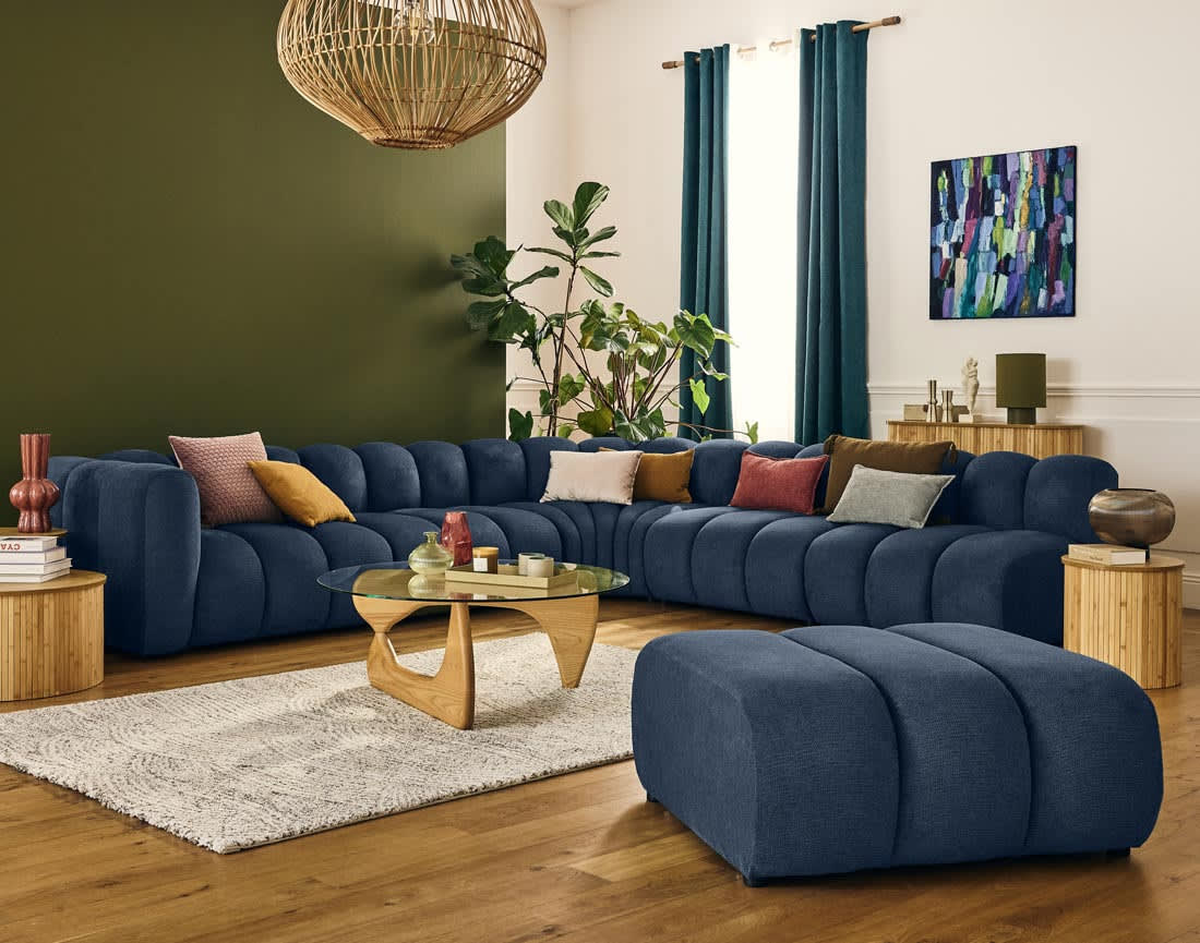 Canapé Modulable Arrondi Tissu Texturé 5 Places Bleu Angle Droit - Debbie