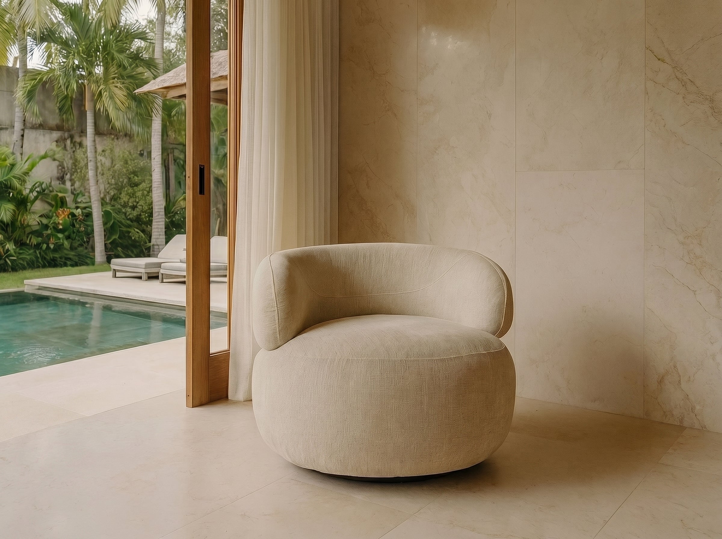 Fauteuil Arrondi Pivotant En Velours Texturé Beige - GLOVE