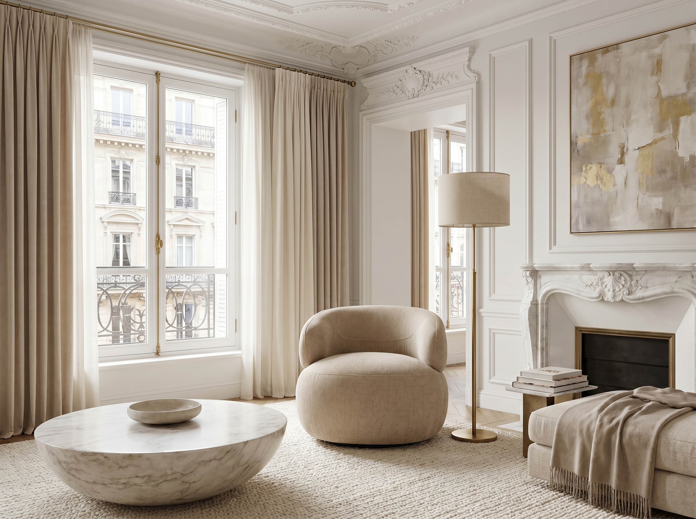 Fauteuil Arrondi Pivotant En Velours Texturé Beige - GLOVE