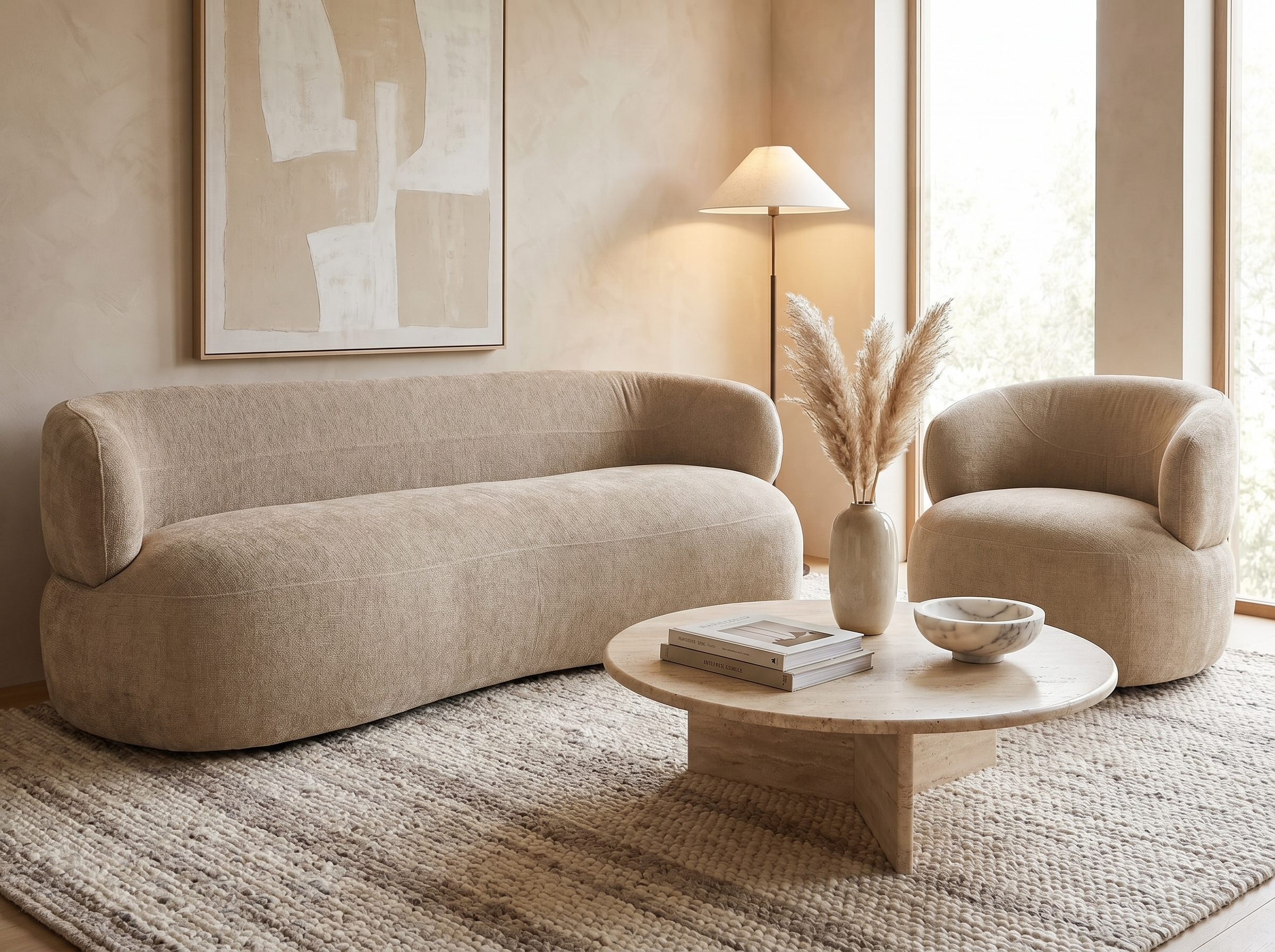 Canapé Arrondi En Velours Texturé Beige - GLOVE