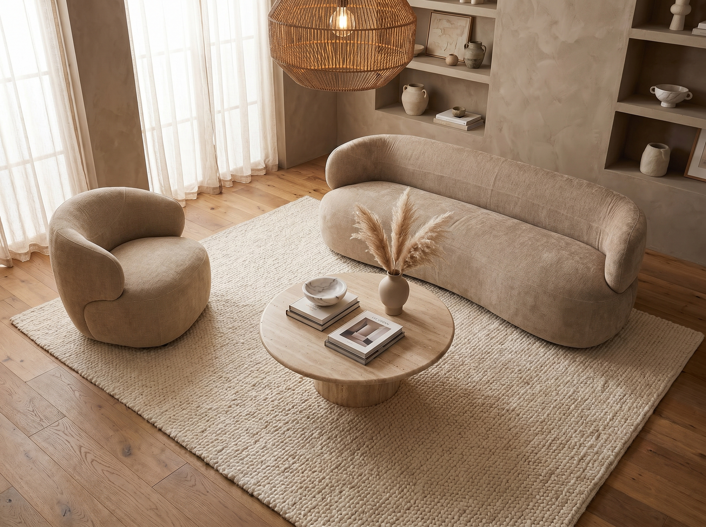 Canapé Arrondi En Velours Texturé Beige - GLOVE