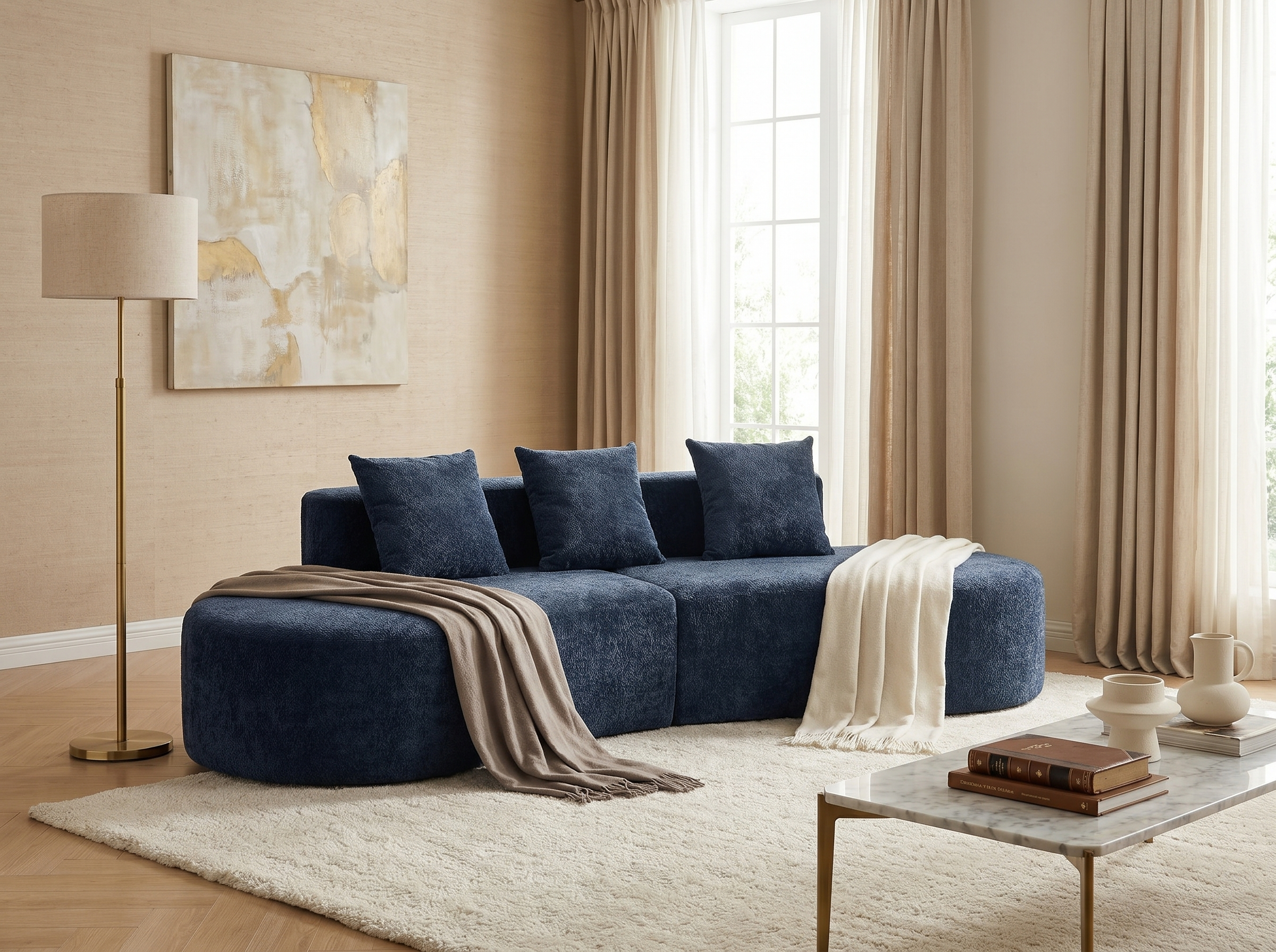 Canapé Arrondi Compressé 3 Places En Velours Bleu