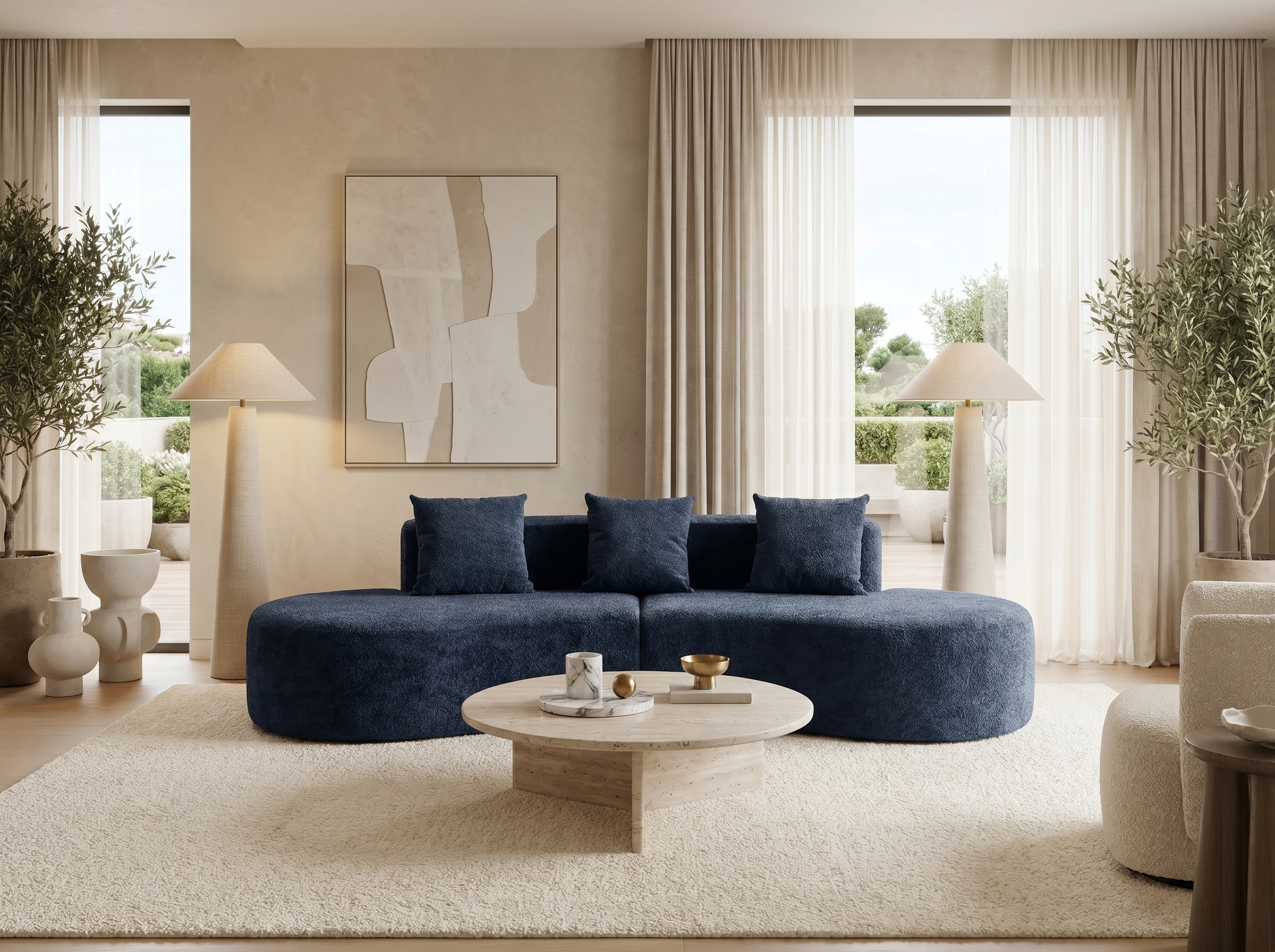 Canapé Arrondi Compressé 3 Places En Velours Bleu