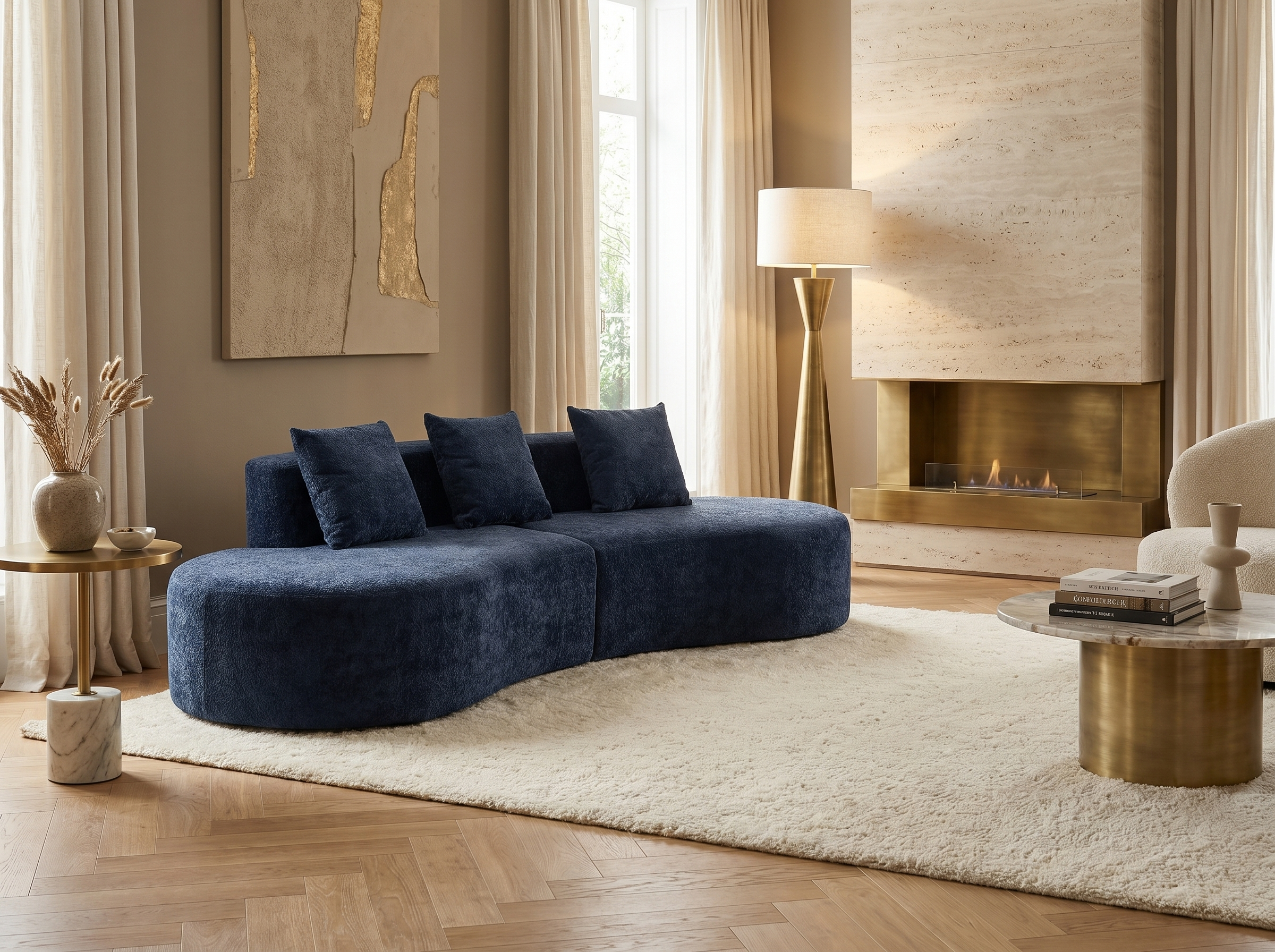 Canapé Arrondi Compressé 3 Places En Velours Bleu