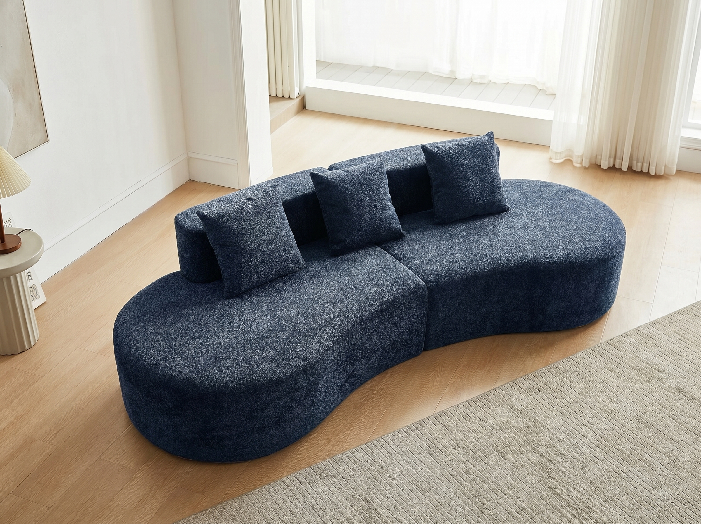 Canapé Arrondi Compressé 3 Places En Velours Bleu