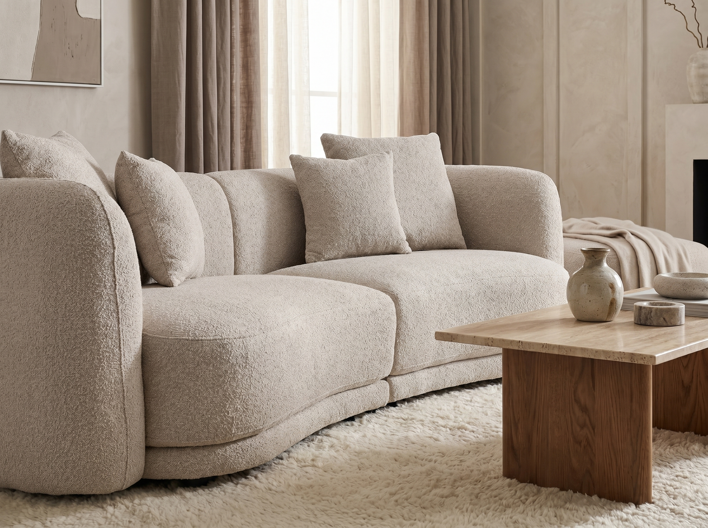 Canapé Arrondi 3 Places en Bouclette Beige - CIELO