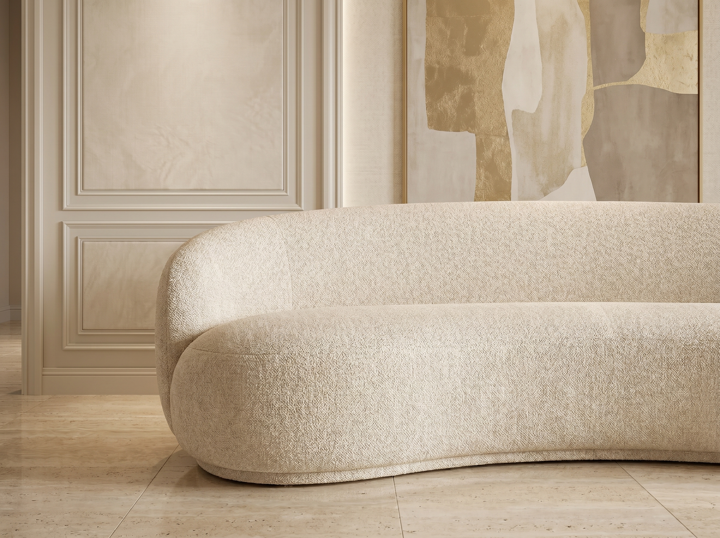 Canapé Incurvé Design 3 Places en Tissu Chenille Beige - MARLO