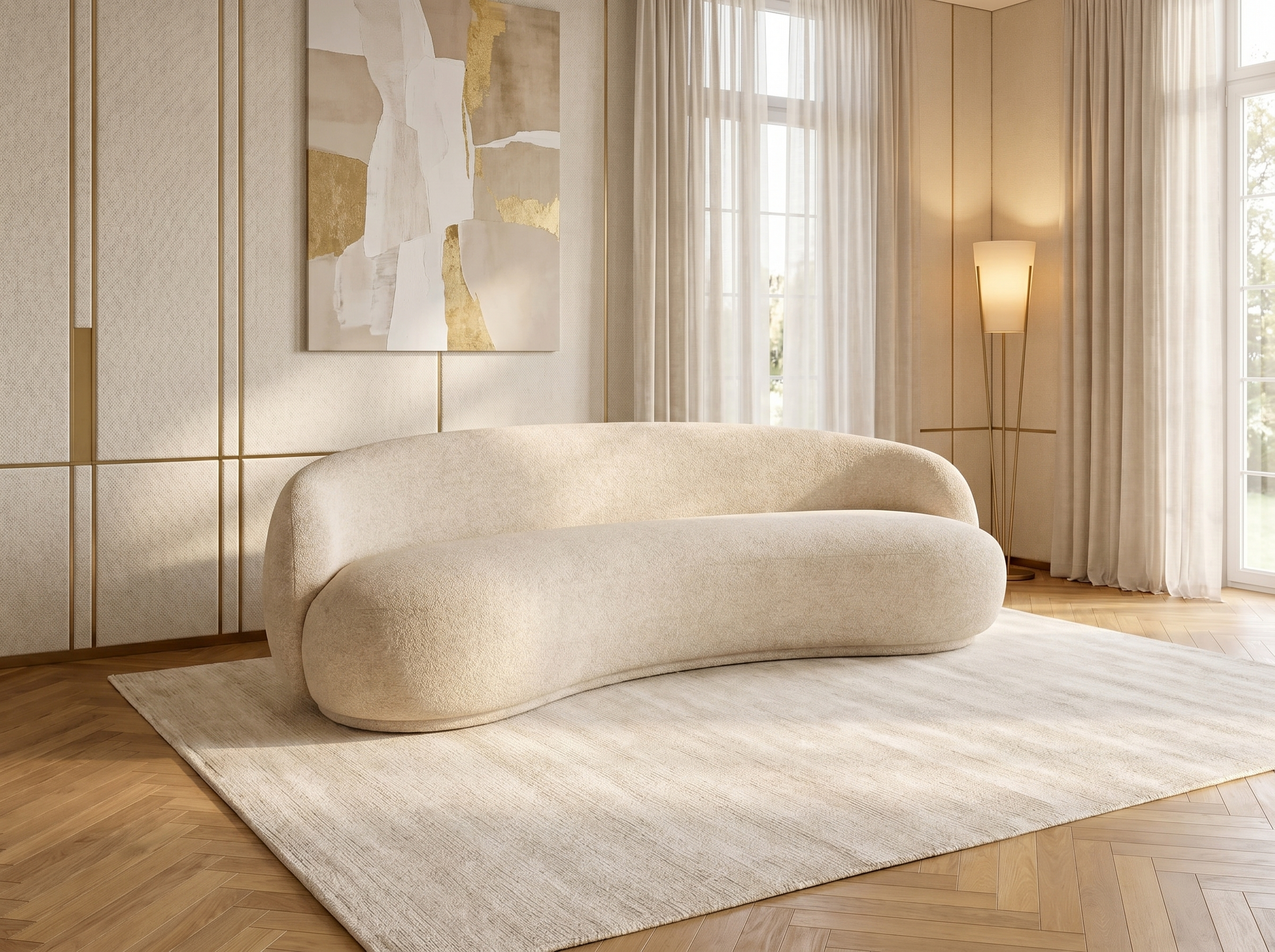 Canapé Incurvé Design 3 Places en Tissu Chenille Beige - MARLO