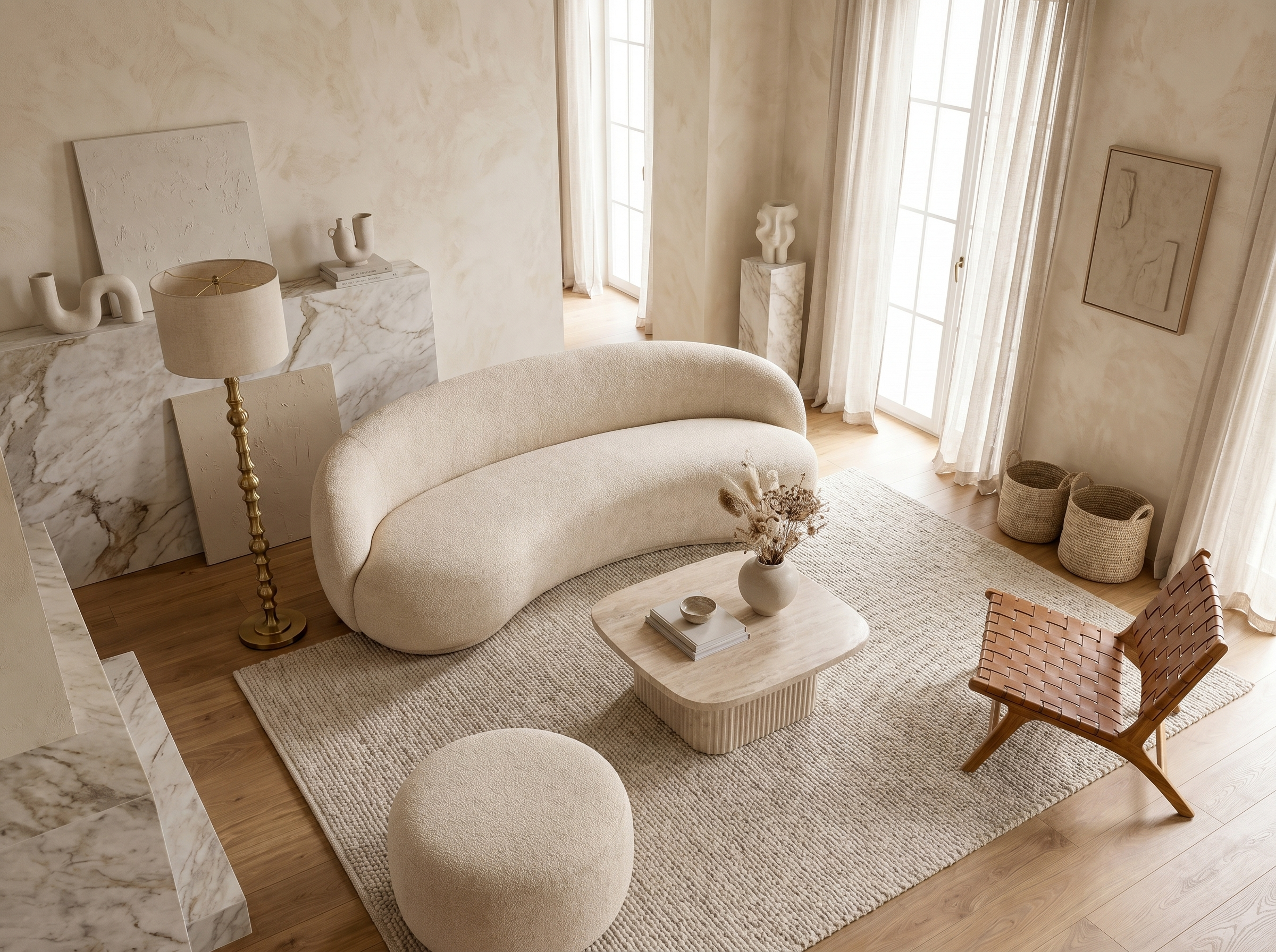 Canapé Incurvé Design 3 Places en Tissu Chenille Beige - MARLO
