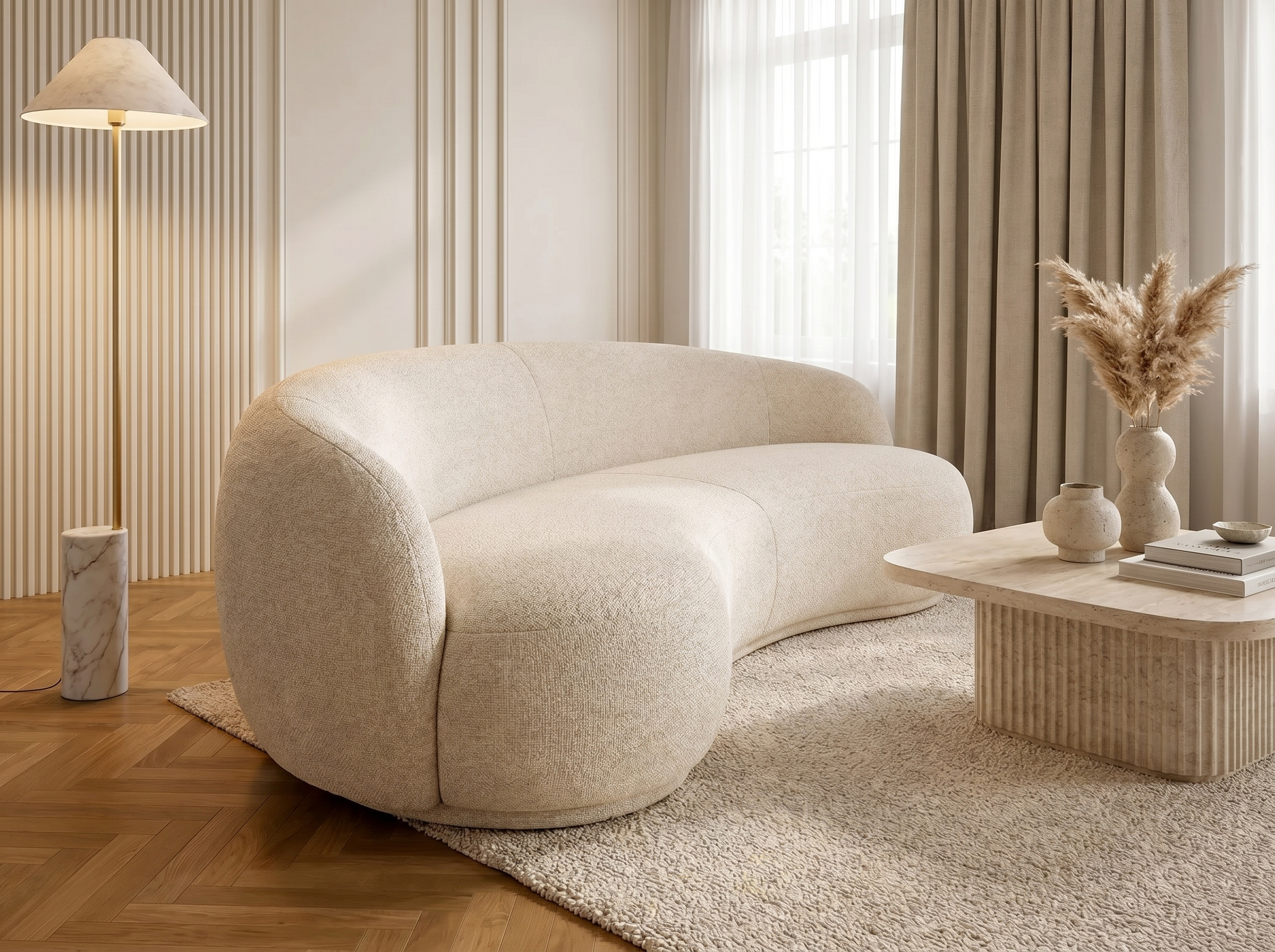 Canapé Incurvé Design 3 Places en Tissu Chenille Beige - MARLO