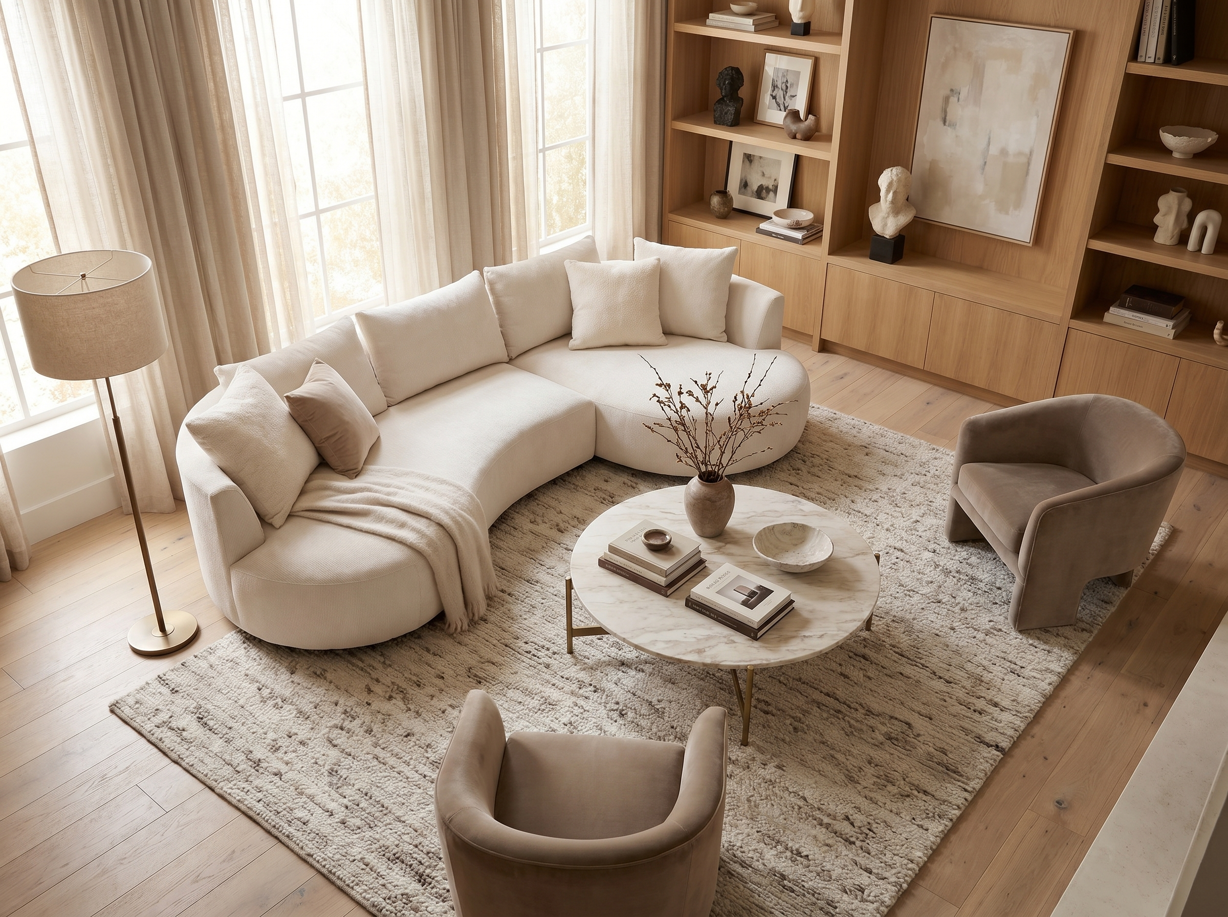 Canapé Arrondi d'Angle en Velours Texturé Beige - LOUSADO