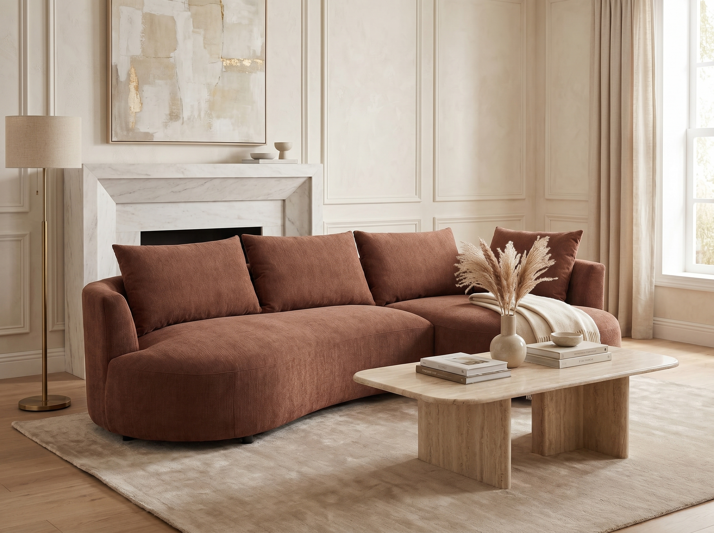 Canapé Arrondi D'Angle Droit En Velours Texturé Terracotta - LOUSADO