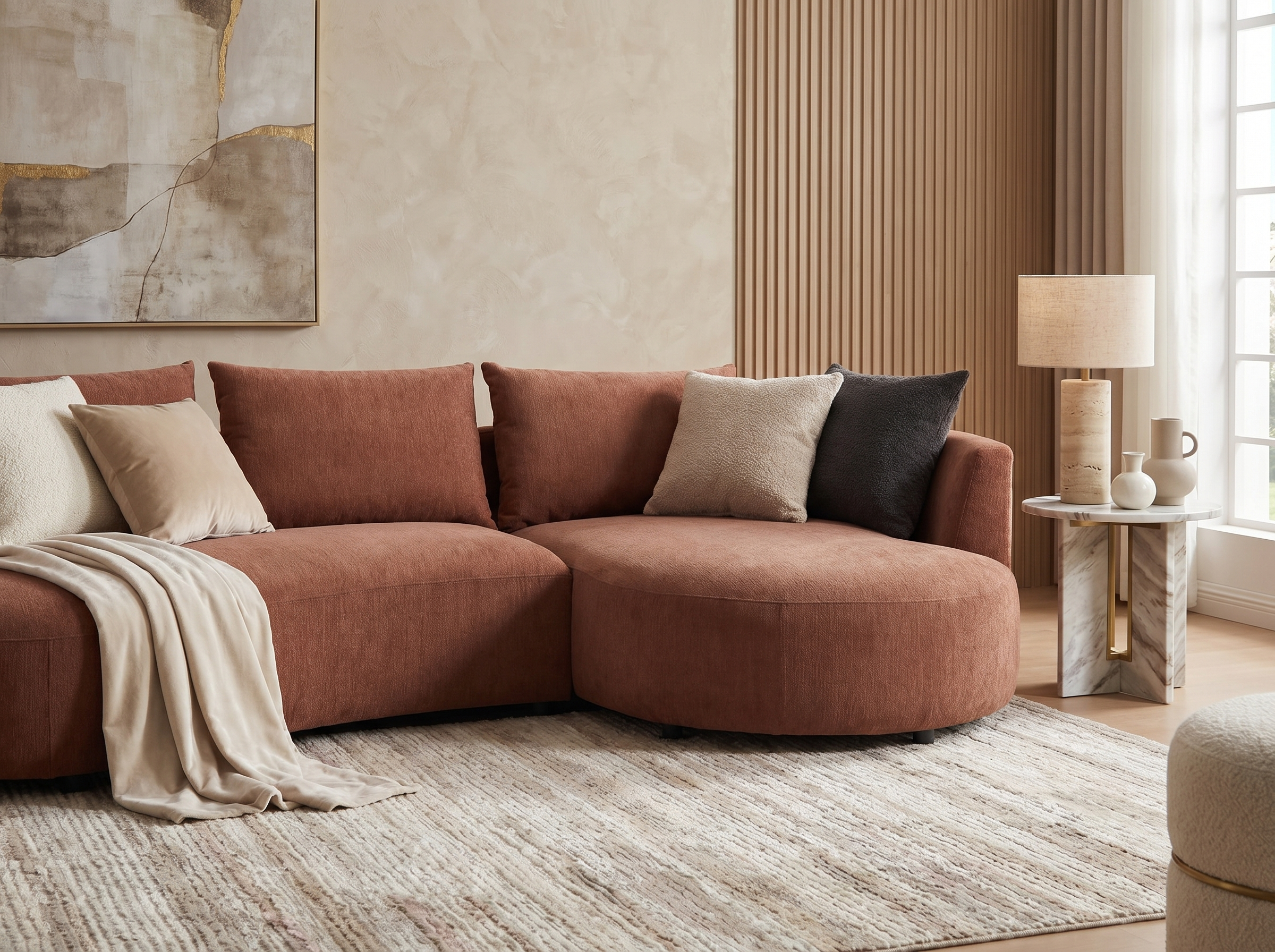 Canapé Arrondi D'Angle Droit En Velours Texturé Terracotta - LOUSADO