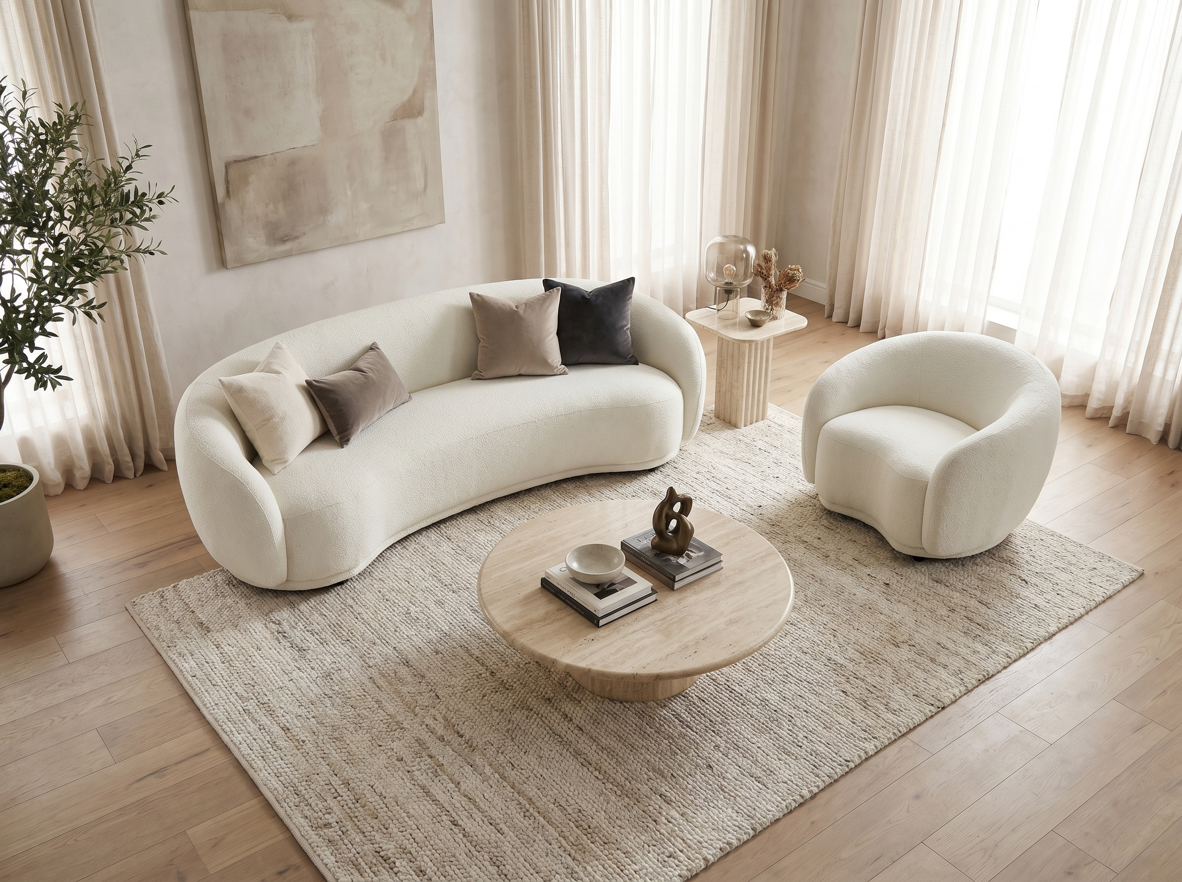 Ensemble Canapé Arrondi 3 Places Et Fauteuil Arrondi Blanc Ivoire - BOVANA