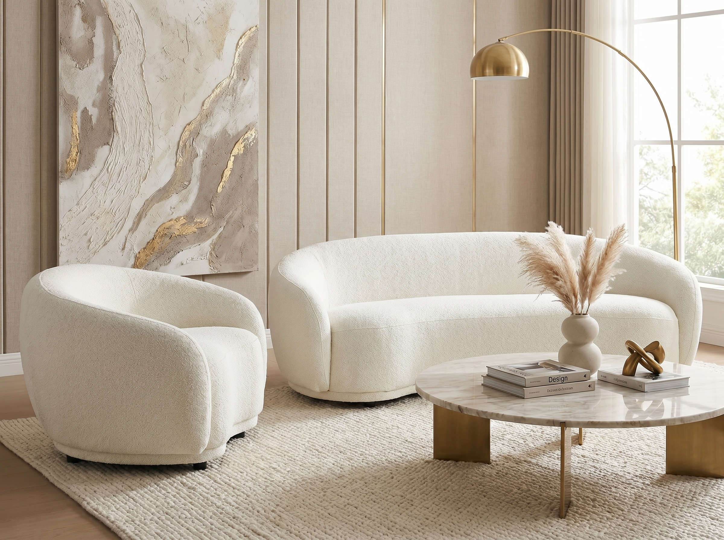 Ensemble Canapé Arrondi 3 Places Et Fauteuil Arrondi Blanc Ivoire - BOVANA