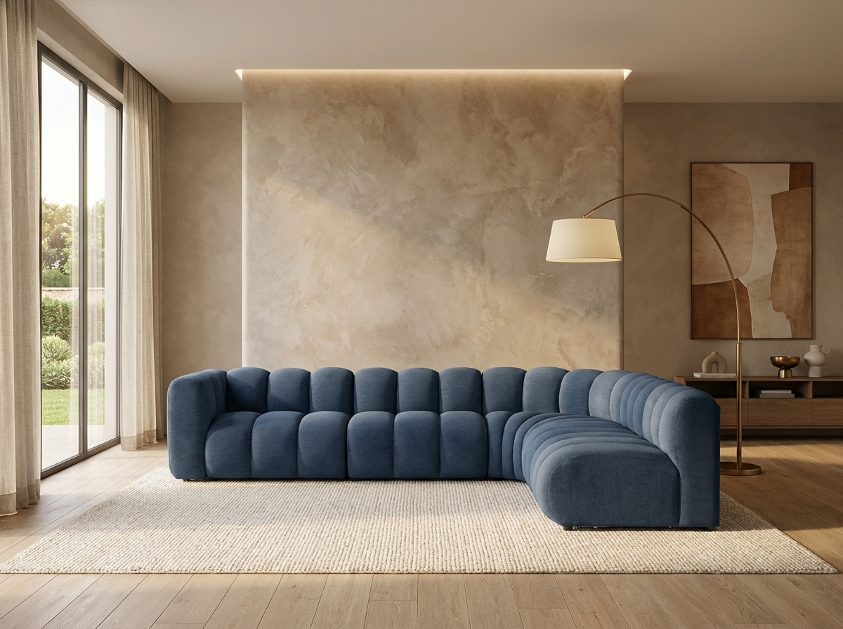 Canapé Modulable Arrondi Tissu Texturé 5 Places Bleu Angle Droit - Debbie