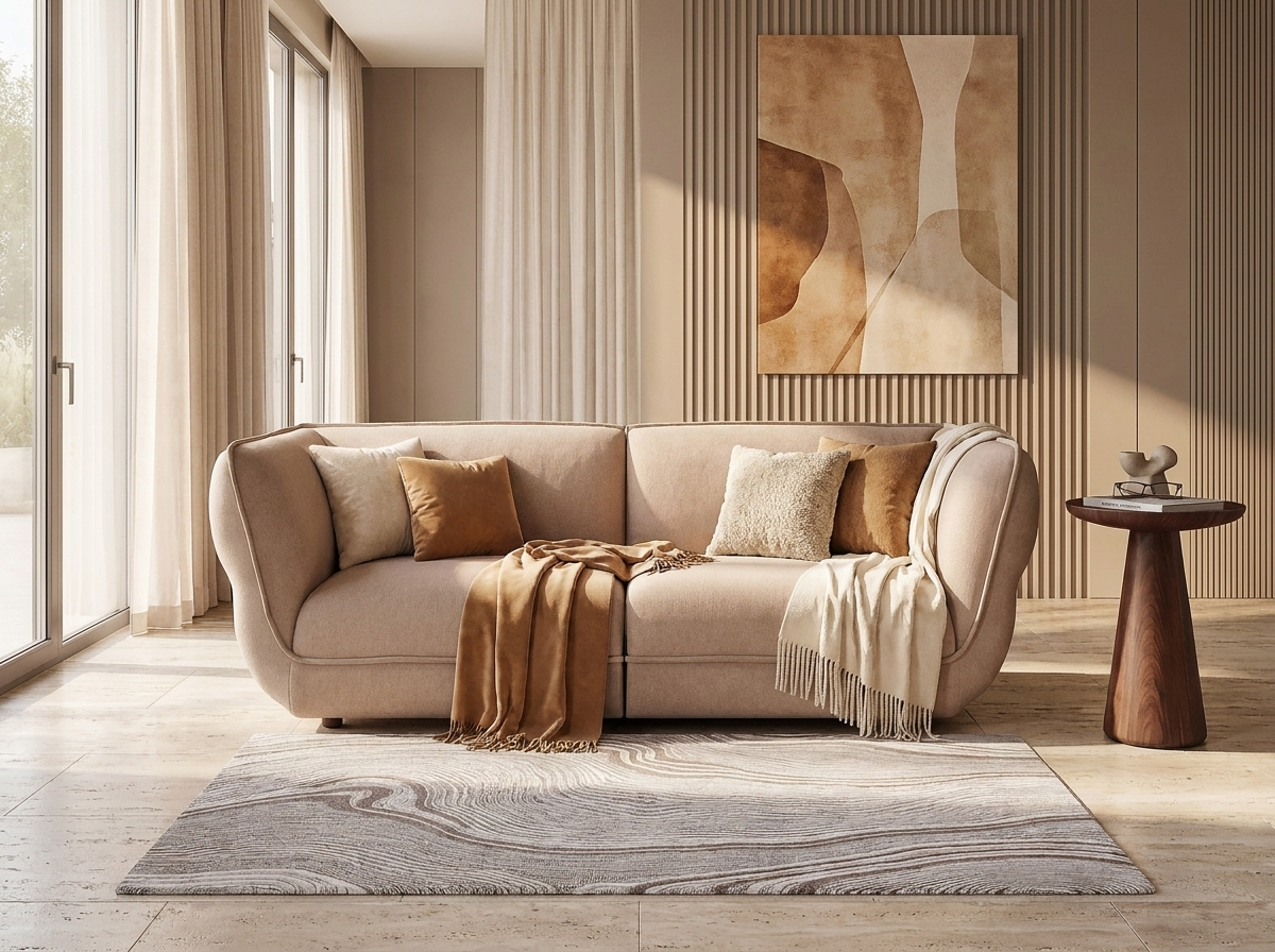 Canapé Arrondi Tissu Texturé 3 Places Beige - Crush