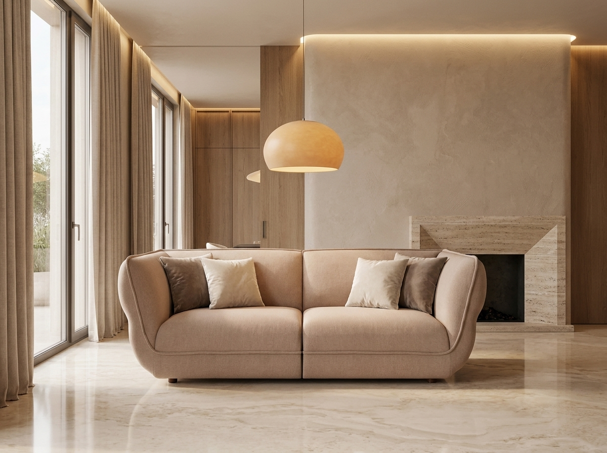 Canapé Arrondi Tissu Texturé 3 Places Beige - Crush