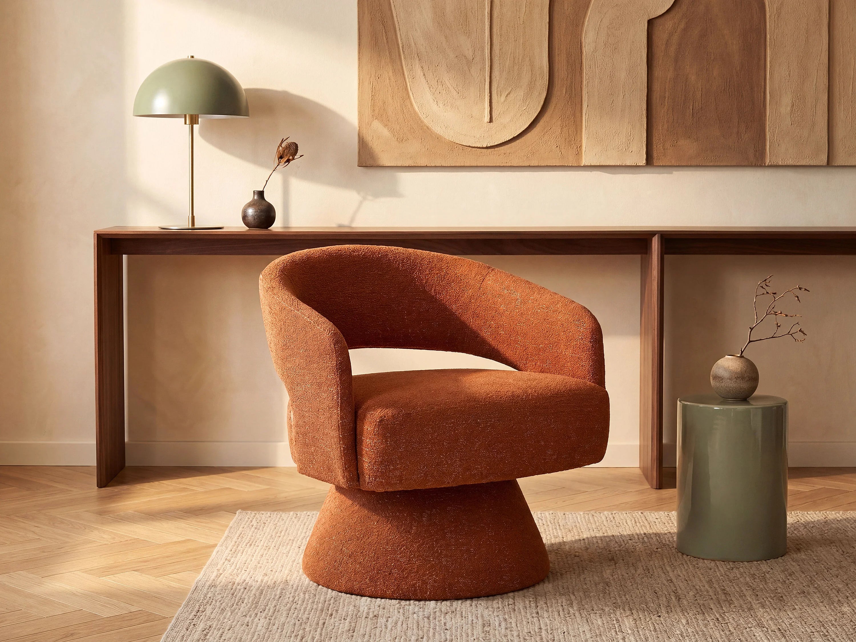 Fauteuil Arrondi Pivotant En Tissu Chenille Terracotta - FEDOTE